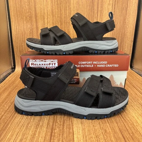 Skechers Relaxed Fit Sandals Mens 12 Black New Luxe Foam Strappy Outdoor Hiking
