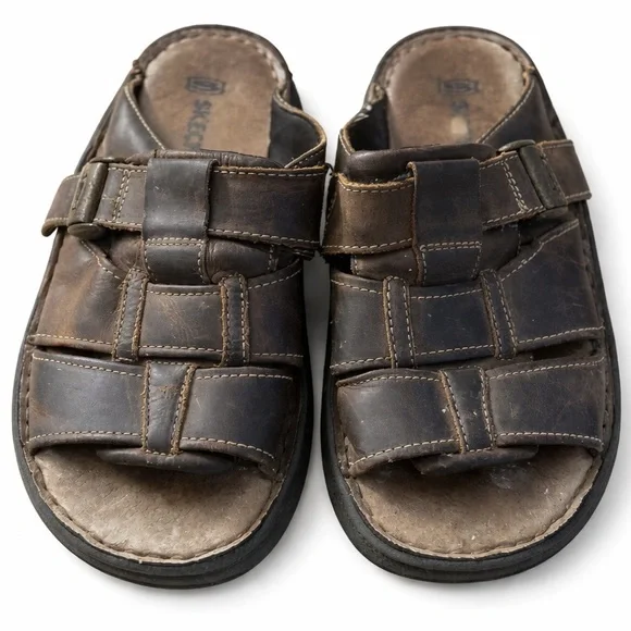Vintage Unisex Skechers Leather Comfort Sandals Brown Adjustable Slide‎ Y2K