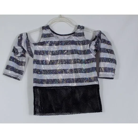 Leo's Dance Wear Girl's Striped Top Cold Shoulder‎ Glitter Mesh Sparkle