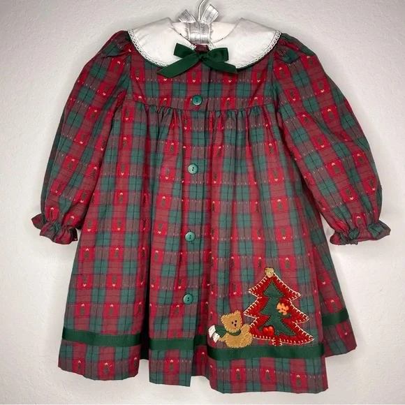Sophie Rose Plaid Holiday Dress with Bear and Tree Appliqué