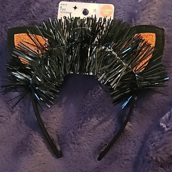 Glam-O-Ween Halloween Black Cat Headband Orange Glitter Ears Light-Up Blinking