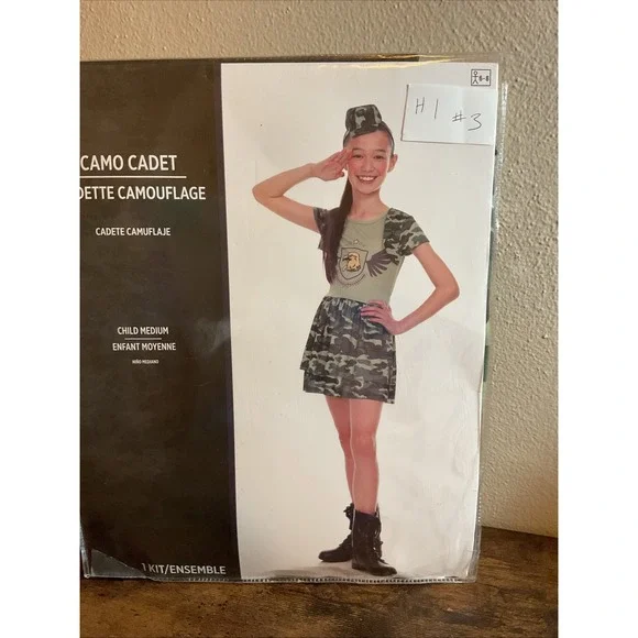 New Girls Camo Army Cadet Camouflage Halloween‎ Costume Hat & Dress Medium 6-8