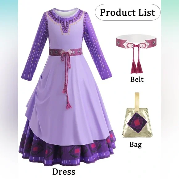 Wish Princess Asha Costume Dress Up Long Sleeve Purple Dress with Belt and Bag