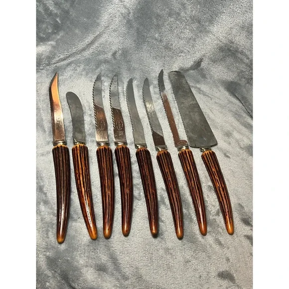 Vintage Regal Crest Sheffield England Knife Set 8 Faux Stag Handles MCM USA