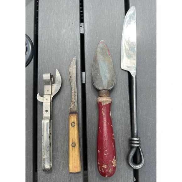 Lot Of 4 Vtg Antique Kitchen Gadgets Utensils Knifes Can Opener Sharpening Stone