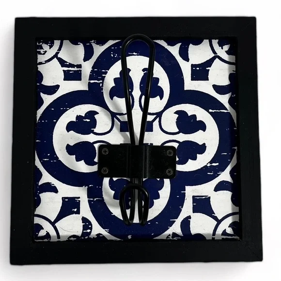 Painted Wood Frame with Blue and White Faux Painted Tile Metal Coat Wall Hook