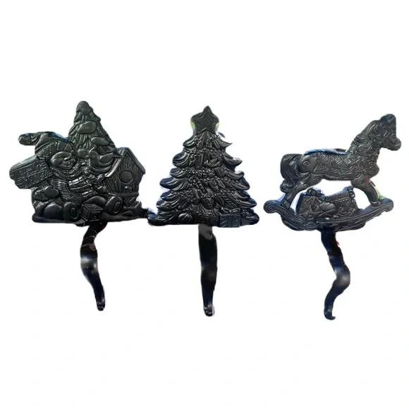Vtg Grandeur Noel Metal Stocking Holders Christmas Tree Snowman Rocking Horse