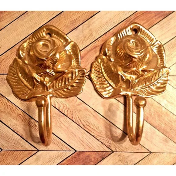 2 Vintage Lacquered Brass Rose Floral Wall Hook Coat Hanger Shiny Bright