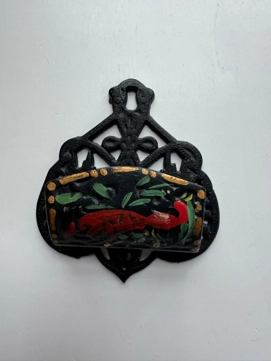 Black Wall Hook with Hand-Painted Red Bird and Gold Accents