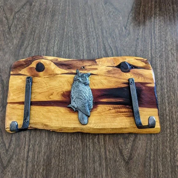 Wood wall plaque with owl and adjustable hooks for hanging items