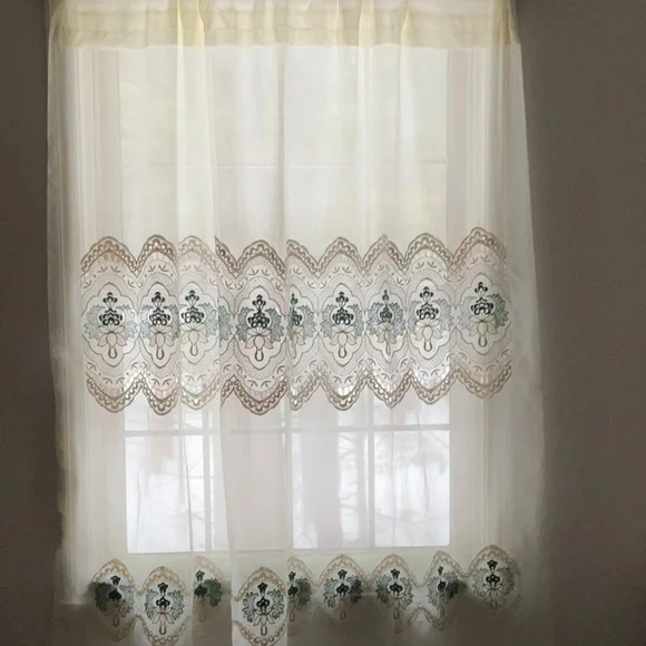 Vintage Elegant Cream and Green Lace Embroidered Curtain