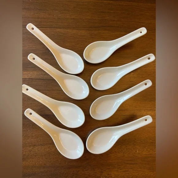 Pier 1 White Porcelain Rice/broth Spoons Lot Set Of 8 Sushi Night Asian