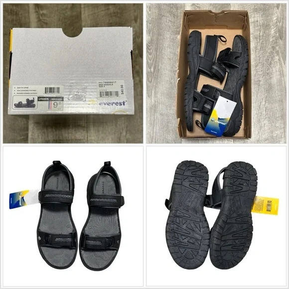 Men’s Everest Lykken Size 9 Sandals Velcro Straps Black Casual Rugged New in Box