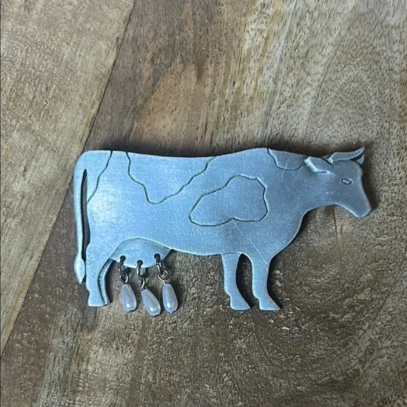 Silver Cow Faux Pearl Brooch by JJ