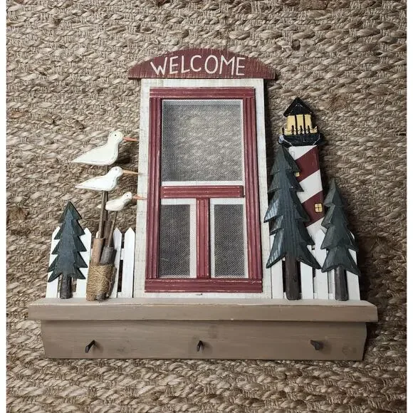 Wooden Rustic Style Nautical Coastal Lighthouse Beach House Wall Decor key Hooks