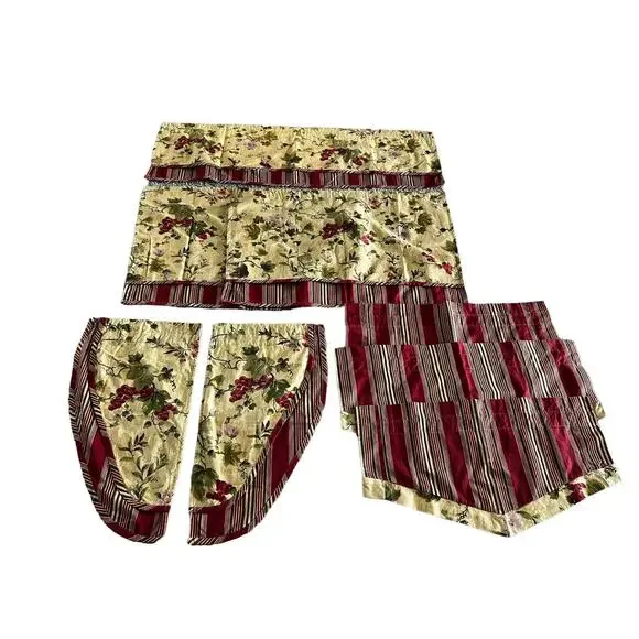 Custom Window Treatments 8 Pc Valance Curtains Gold Red Green Grapes Stripe