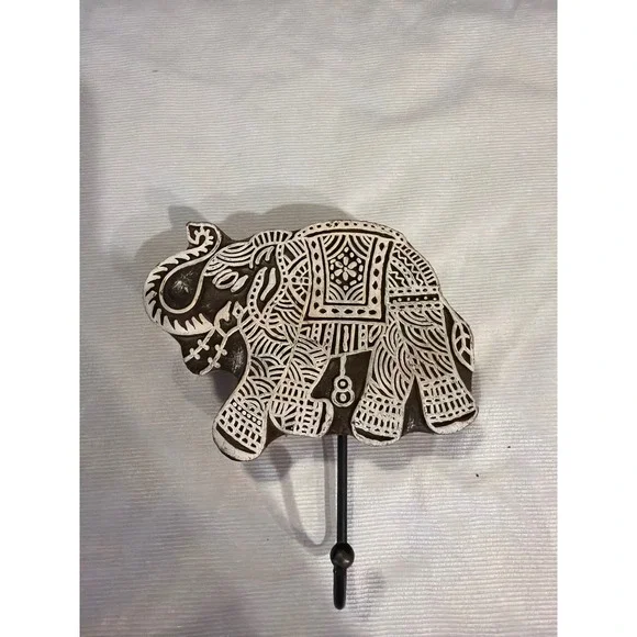 World Market Hand Carved Wood Elephant Wall Hook Brown White Block Print Design