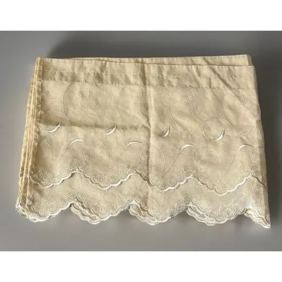 Home Decor Valance Tan Chiffon Embroidered Swirl Scalloped Tiered Curtain set 5