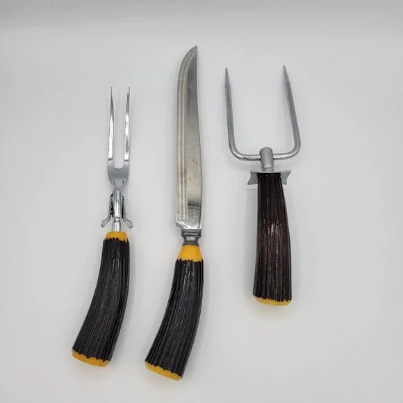 Burns 3 Piece Carving Set Stag Horn Style Handles Vintage Kitchen Accessories‎