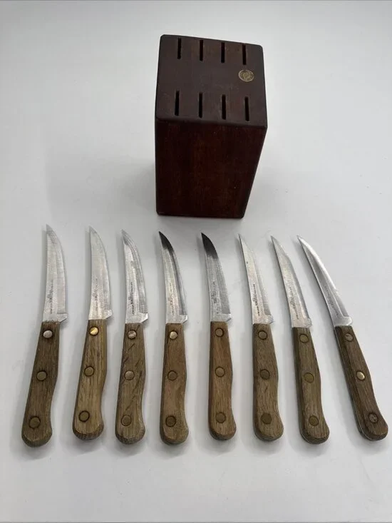 Vintage Knife Set Old Homestead Cutlery 8 Piece with Wood Block Serrated Knives