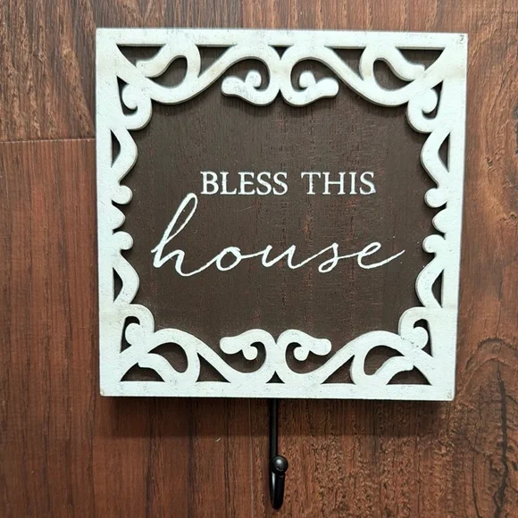 Bless this House Key Hook Size 4.75x4.75 Color White Brown