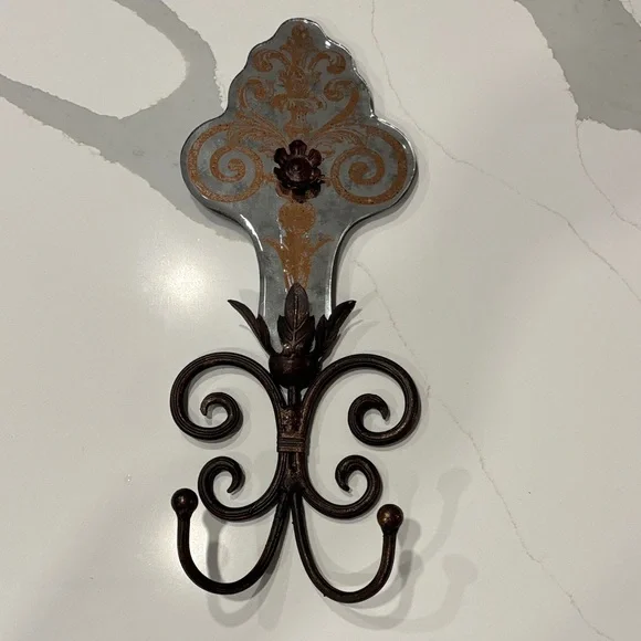 Vintage-Style Mercury Glass w Gold Design, Bronze Wall Plaque with 2 Hooks…17x7
