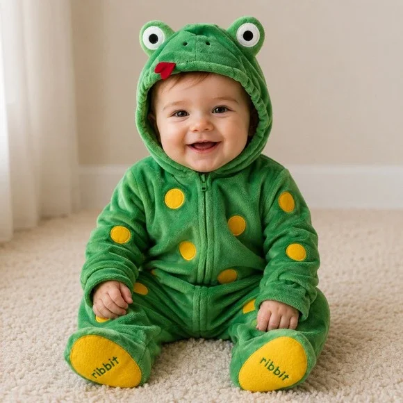 First Moments Frog Costume Baby 6/9M Green Yellow Spotted Plush Hooded Zip Up
