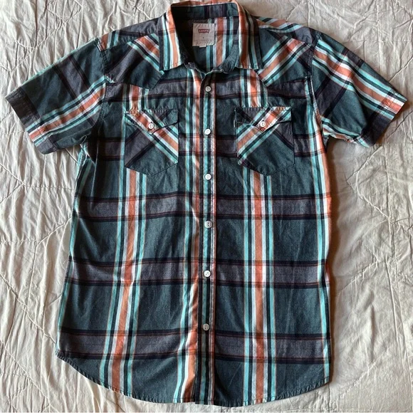 Levi's Teal and‎ Orange Plaid Button Down Shirt