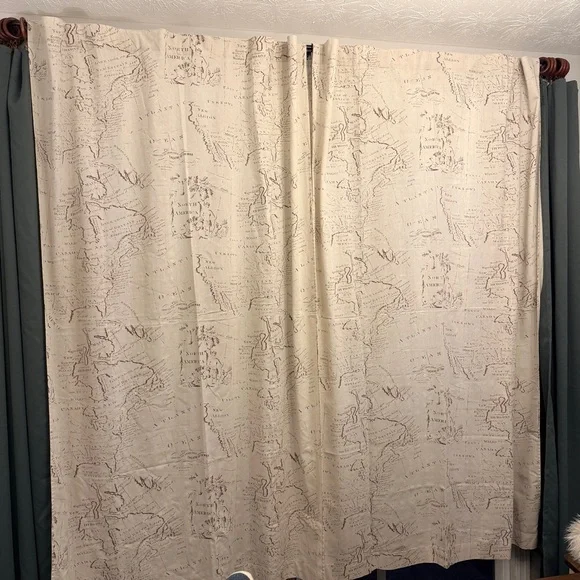 Pier 1 Cream Linen Blend Cartography Map World Patterned Curtains 52x84 set of 2