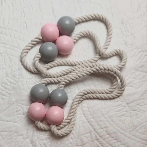 *🆕 Neutral Rope Curtain Tiebacks with Pink and Gray Magnetic Beads, 2 Sets, NEW