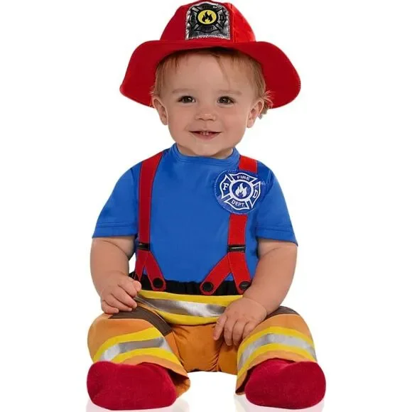🔥 First Fireman Premier Pompier Baby Costume Infant 6-12 Months Jumpsuit Hat