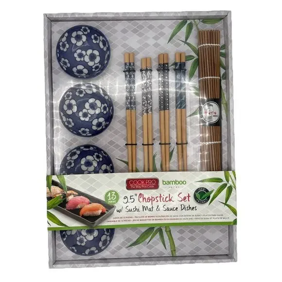 Cook Pro Chopstick Set w/ Sushi Mat & Sauce Dishes, 13 Pieces/9.5” Bamboo Series