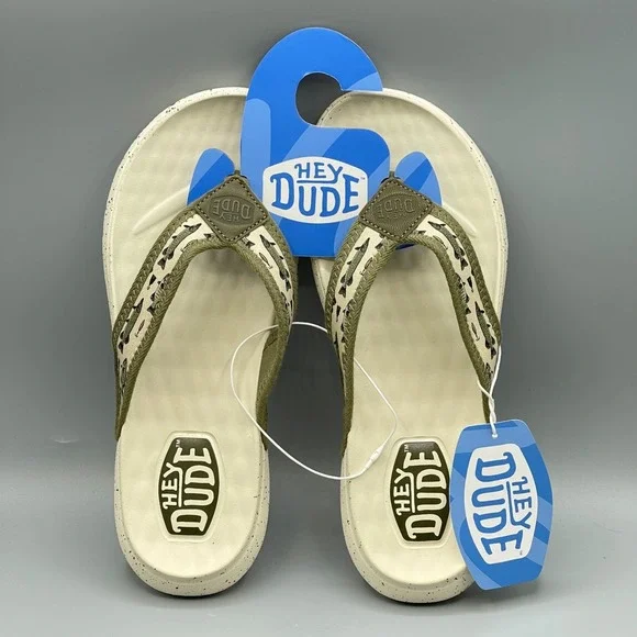 Hey Dude Men's 9 Flip Flops Olive Tan Fishing Lure Sandals Comfort Myers