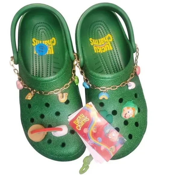 CROCS Lucky Charms Glitter Green With Tons Of Jibbitz BRAND NEW! Size W 10, M 1