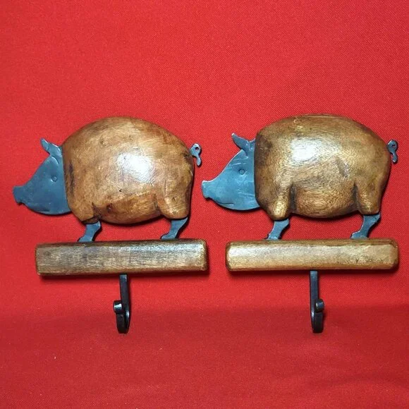 Vintage Wooden Steel Pig Hog Wall Hanging Decorative Kitchen Hook Set of 2