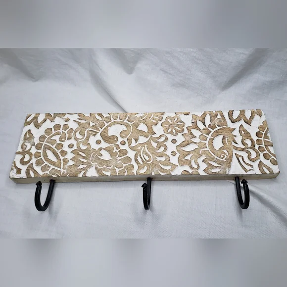 Boho Carved Wood Wall Hook Rack 15 X 4.5 Inches