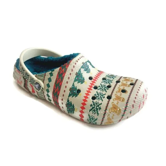 CROCS Classic Lined Fair Isle Slip On Clogs Mens 10 Womens 12 Sandals Bone Multi