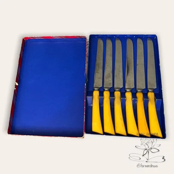 Burns Edge Stainless Knife Set with Butterscotch Bakelite Handles