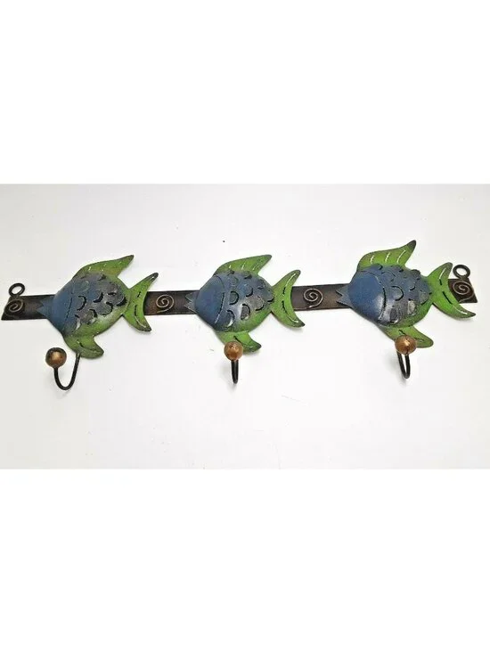 Tropical Fish Metal Wall 3 Hook Blue Green Cabin Cottage Lodge
