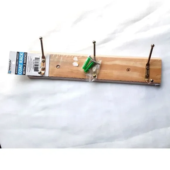 Home Essentials Wooden Wall Mount 3 Hook Coat Scarf Hat Rack NIP