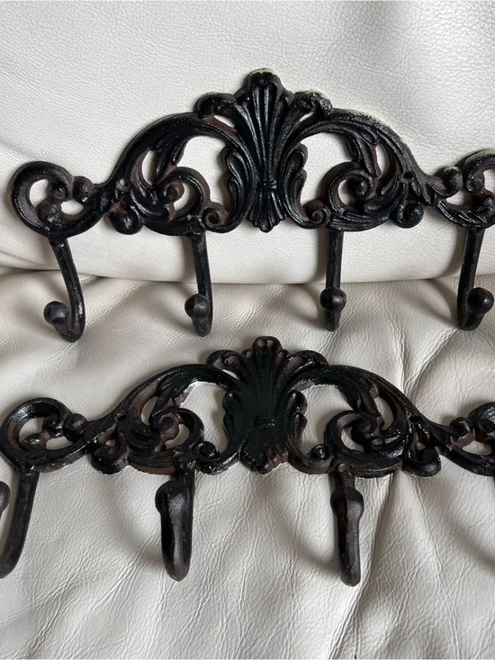 Ornate Black Cast Iron Wall Hook Rack - Set of 2