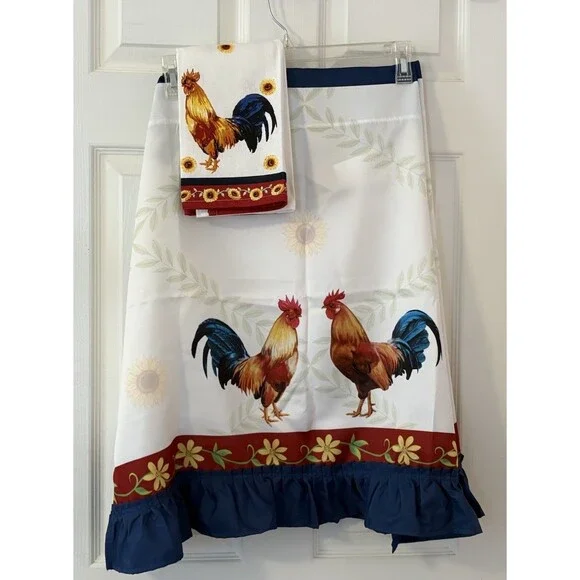 Vintage Rooster And Sunflowers Curtain Ruffle Panels Set 26