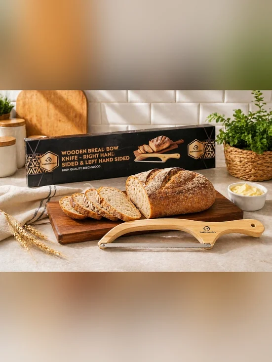 KitchenClick 16” Wooden Bow Bread Knife Beechwood Handle Stainless Steel Slicer