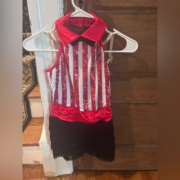 USA American Red white stripped Black fringe Sequin Kids Dance Costume Weissman