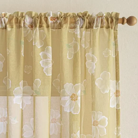 Set of 2, 52x84 Inch Floral Sheer Curtains (White Flower on Dark Mustard)