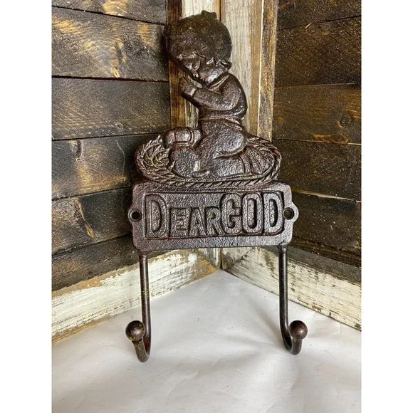 Rustic Cast Iron Child Praying Double Wall Hook Coat Towel Key Hanger Brown