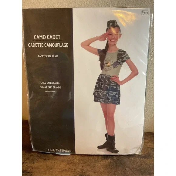 New Girls Camo Army Cadet Camouflage Halloween Costume Hat‎ & Dress XL 10-14