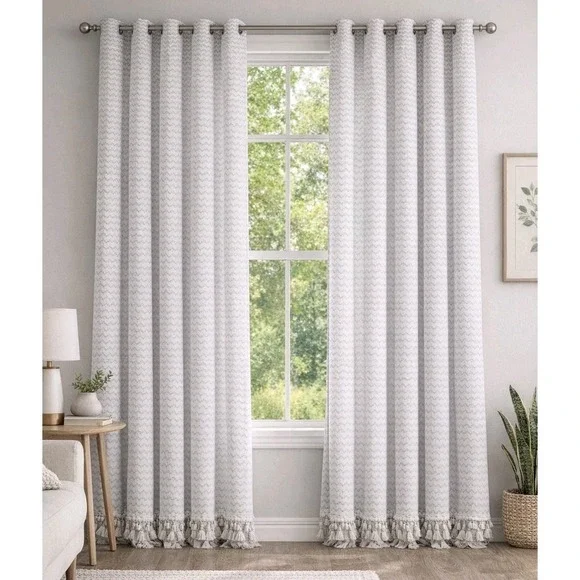 World Market Curtain Panels /w Ties Crinkle Pattern Tassles Ivory (4) 40