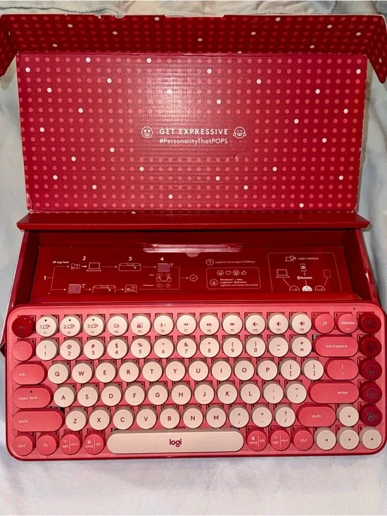 Logitech Retro Round-Key Wireless Keyboard in Red and Pink