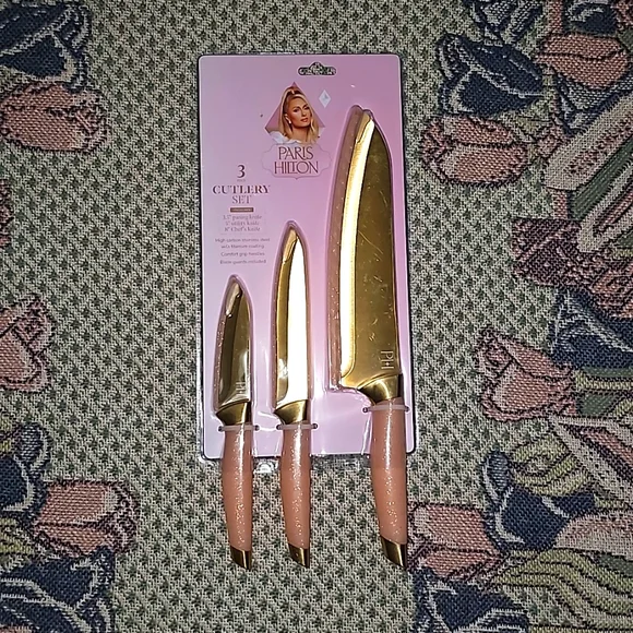 Pink knife set Paris Hilton gold stainless steel blades new 3pc